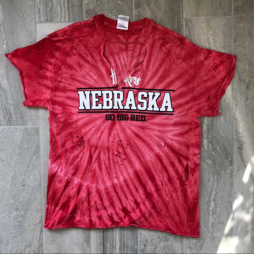 Distressed Nebraska Husker Tie Dye Shirt